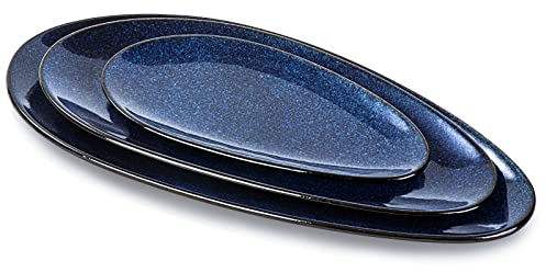 vicrays Grandi piatti da portata ovali, 40.6 cm/35.6 cm/25.4 cm in porcellana, per feste, barbecue, piatti impilabili, piatti da portata per antipasti, sushi, negozio di dessert, set di 3 pezzi (blu)