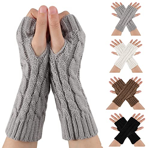 TAGVO Damen Fingerlose Handschuhe 4 Paar, Winter Halb Fingerhandschuhe Winterhandschuhe, Damen Pulswärmer, Gestrickte kurze halbfingerlose Fäustlinge