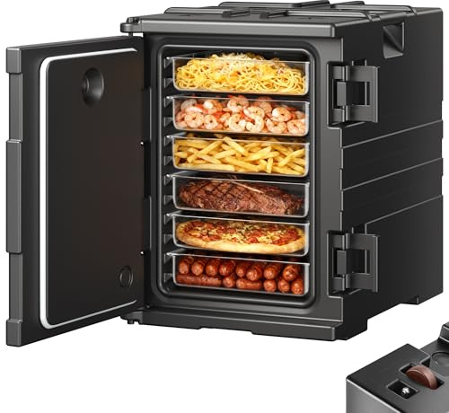 VEVOR Insulated Food Pan Carrier, 95 Qt Hot Box for Catering, LLDPE Food Box Carrier w/Double Buckles, Front Loading Food Warmer w/Handles, Stackable End Loader for Restaurant, Canteen, etc. Black