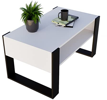 Couchtisch KARO 92 rechteckiger Kaffeetisch aus Holz Modern Teetisch 92 x 53,6 x 45cm massiv und stabil (Weiss/Schwarz)