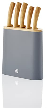 Swan SWKB1060GRYN Nordic 5 -Piece Knife Block, Bamboo Top and Handles, Stainless Steel, Fine Edge, Ergonomic Handles, Scandinavian Design, Knives Included, Slate Grey