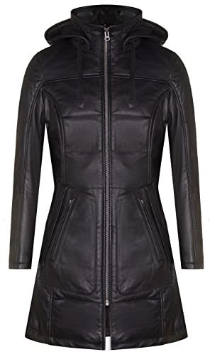 Infinity Leather Parka Acolchada Con Capucha de Piel Negra Para Mujer XS