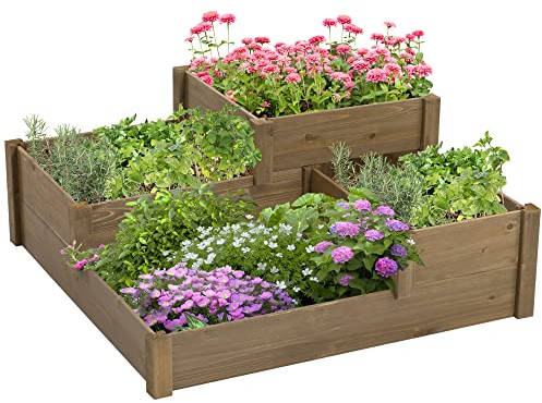 Outsunny Hochbeet Gemüsebeet Blumenkasten mit 3 Stufen, Pflanzkasten für Kräuter im Terrasse und Balkon, Tannenholz, Braun, 122 x 122 x 51 cm