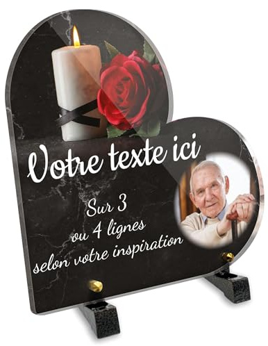 Gedenktafel Herz mit Foto aus Plexiglas, Motiv Kerze und rote Rose, verschiedene Größen, Stärke 6 mm, personalisierbar, 20 x 20 cm