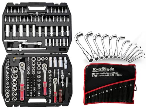 Coffret Outils Kraft Muller CRV 171 pièces Douilles, Cliquets, Jeu de 12 Clés à pipe 6 PANS de 8 à 19mm Chrome vanadium