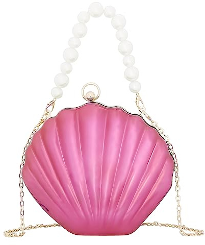 Meliyya Damen Muschel Clutch Acryl Handtasche Perlen Handgriff Kette Abendtasche Hochzeit Cosplay Mermaid Schultertasche Umhängetasche, Rosarot