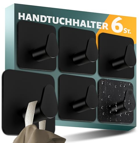 Menz Handtuchhalter ohne Bohren 6er SET in Schwarz - Handtuchhaken Bad Edelstahl, funktionale ovale Haken selbstklebend - Starke oval Klebehaken als stilvolle Wandhaken