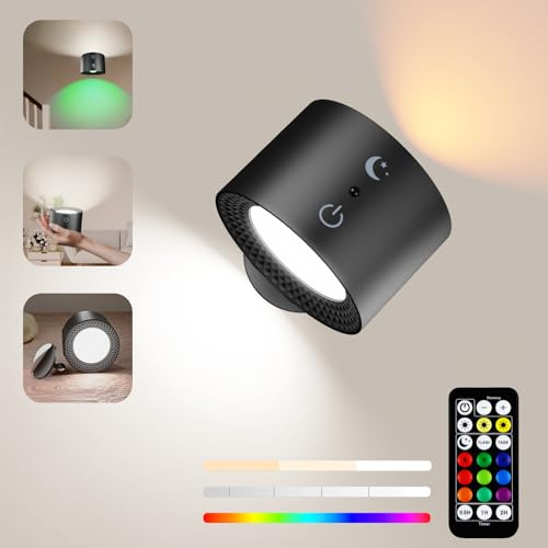 Wall Light Indoor, Wall Lamp Dimmable with Remote and Touch Control 360° Rotate Wireless Wall Lights, 9 RGB Battery Operated Wall Lights, LED Wall Sconce with Timer Function for Living Room Bedroom