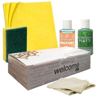 Kit pulizia casa Vacanze 5 Pezzi Detersivo piatti, spugna piatti, panno, sacco immondizia. Per Residence, Case Vacanze, Appartamenti