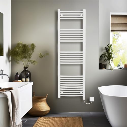 NRG Prefilled Electric Heated Curved Towel Rail Warmer Manual Bathroom White Radiator 500mm (W) x 1600mm (H) - 800Watt