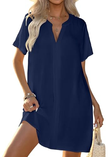 Halife Womens Bathing Suit Cover Ups for Swimwear V-Neck Summer Coverup Shirt Fashion Beach Cover Up Shirt Navy Blue XL