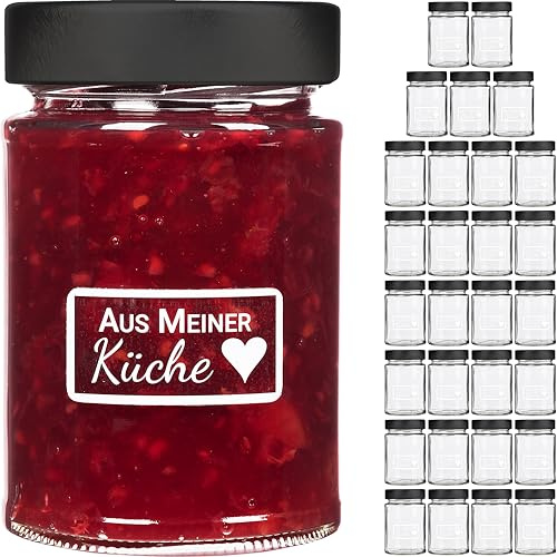 GIESSLE® 30 x kleine Gläser 200ml (Made in Germany), Einmachglas mit matt schwarzem Deckel (30er Set Schwarz Matt)