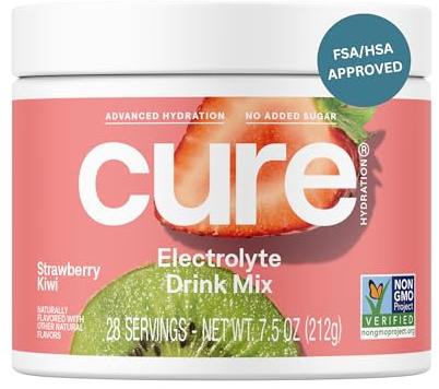 Cure Hydration | Plant-Based Electrolyte Drink Mix | No Added Sugar | FSA-HSA | Dehydration Relief Powder Made with Coconut Water | Non-GMO | Vegan | 28 Servings Jar - Strawberry Kiwi