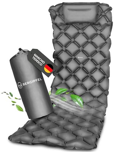 BERGIPFEL aufblasbare Isomatte 7,5 cm – Ultraleicht, kleines Packmaß, mit integrierter Fußpumpe – graue Campingmatte, ideal für Outdoor, Survival & Trekking.