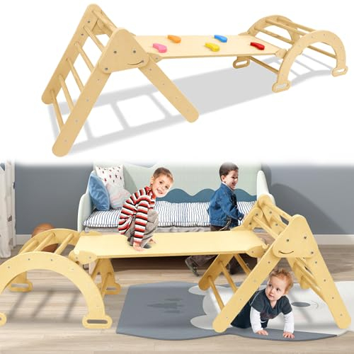 Aufun Klettergerüst Indoor Sprossenwand 3 in 1, Holz Kleinkind Klettergerüst Set, Kinder Pickler Dreieck, Baby Rutsche & Klettergerüste Indoor Spielgeräte für Kleinkinder ab 2-8 Jahr
