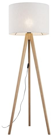 Licht-Erlebnisse Stehlampe Holz Stoff 145 cm klein E27 Kabelschalter Dreibein Kiefer Beige Skandinavisch Stehleuchte Wohnzimmer Tripod