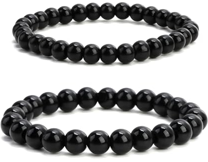 Rumgug 2 Stück Schwarzer Turmalin Armband, 8/10 MM Edelstein Naturstein Großes Dehnbares Kugeln auf Elastischem Nylonfaden Aufgezogen Handgefertigt