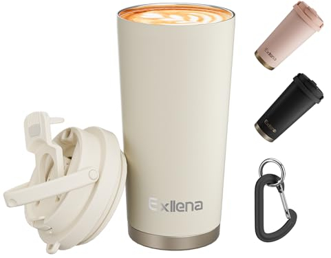 Exllena Travel Mug - Insulated Coffee Cup 500ml with 3-in-1 Lid - 100% Leakproof Coffee Mug with Handle and Clip Perfect for Travel, Office, and Outdoor Activities...(Beige)