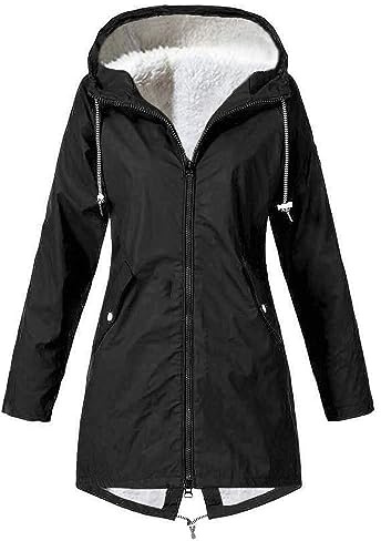 loobun Veste de pluie légère à capuche pour femme, veste de pluie longue en polaire chaude, veste coupe-vent à capuche, veste d'extérieur décontractée pour camping, randonnée, marche, A37 - Noir, L