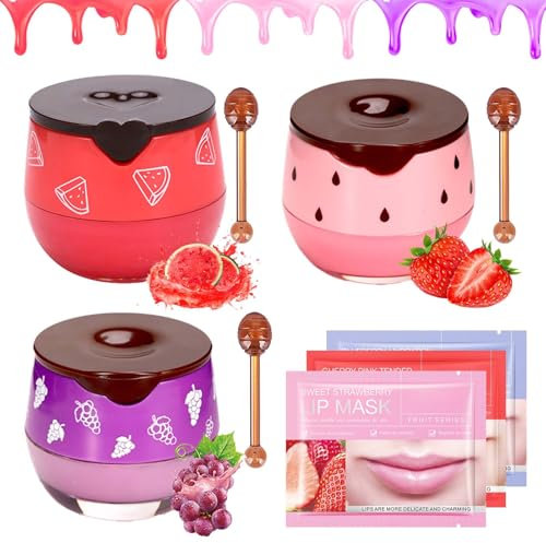 Belligern 3 Pcs Honey Lip Balm Strawberries Watermelon and Grapes Hydrating Lip Mask with Sticks for Dry and Cracked Lips