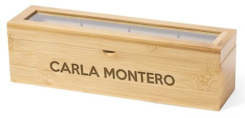 Planetacase - Caja para Té e Infusiones Personalizada de Madera | 4 Compartimentos | Conserva el Aroma | Tapa con Ventana | Ecológica de Bambú, Natural, 9x44x9cm