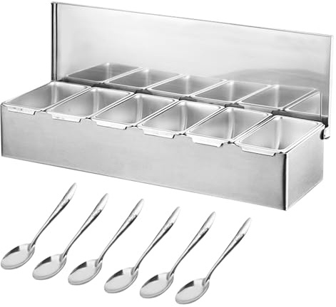 IGTOPS Contenitore per ingredienti in acciaio inox con coperchio e cucchiaio, contenitore per spezie, contenitore per barbecue, contenitore per ingredienti per pizza, accessori da cucina all'aperto (6
