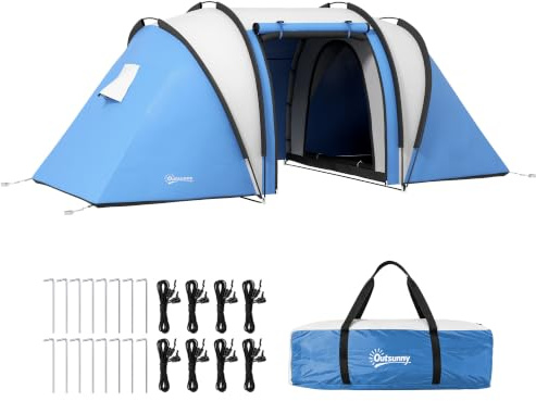Outsunny Tente de Camping familiale 4-5 Personnes avec 2 Chambres, 3000 mm imperméable et ventilée, Installation Facile, Tente de randonnée avec 3 Portes et fenêtres et Sac de Transport, Bleu