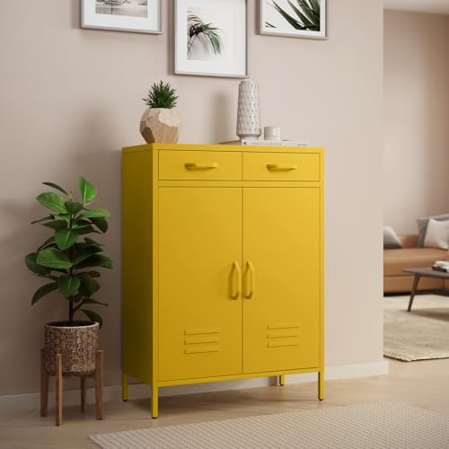 skølm Atria Kommode, mit 2 Fächern, Gelb, Metallschrank, 2 Schubladen | Sideboard, Mehrzweckschrank, Industrial Highboard stabil, Aufbewahrungsschrank/Flurschrank, für Flur, Flexible Einlegeböden