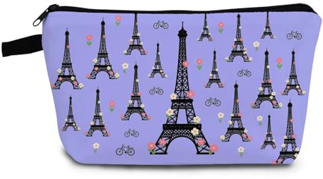 YULUENZE Purple Eiffel Tower Makeup Bag Cute Small Organizer Bag with Zipper Floral Bicycle Eiffel Tower Cosmetic Bag Aesthetic Birthday TravelPresent for Women Friends