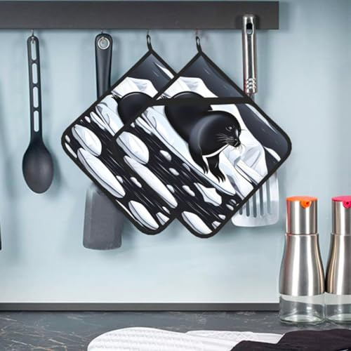2 Pcs Pot Holders with Pocket Kitchen Pot Holder Set Heat Resistant Potholder Non Slip Oven Mitts Washable Hot Pads Seals on ice Oven Gloves for Baking Cooking Gift 8 x 8 Inch