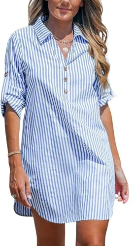 NLAND Vestito Casual da Donna a Camicia Lunga Dress Miniabito a Righe con Scollo a V Estivi Moda，Azzurro S