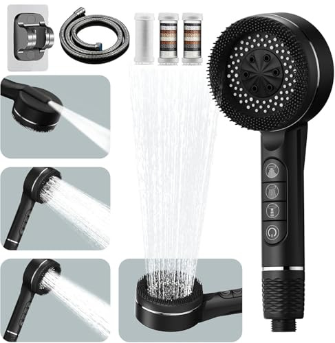 High Pressure Shower Heads, Hard Water Filter Shower Head with 1.5m Shower Hose and Shower Stand, 4 Mode Handheld Massage Power Shower Head with ON/Off Switch, Filtered Showerhead Remove Chlorine