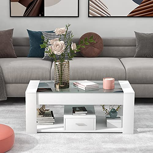 BENMWS Mesa de centro de salón con tapa de cristal, taquillas y espacio de almacenamiento, 50 x 100 cm, color blanco