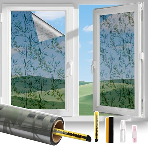 Conkov Film Fenetre Effet Miroir, Argent avec Feuille Verte, 44,5 x 200 cm | Anti Regard sans Colle Anti UV Chaleur Protection de la Vie Privée Protéger du Soleil pour Maison Bureau Magasin avec Outils