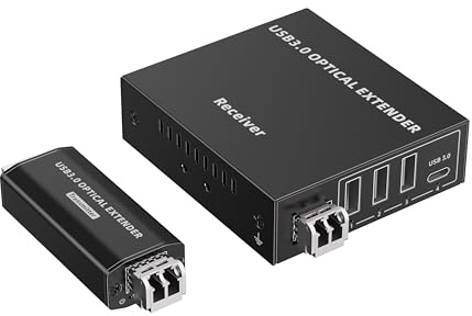 PremiumCord Extender Ottico USB a 4 Porte fino a 300 m, USB 3.2 SuperSpeed ​​5 Gbit/s, Extender in Fibra Multimodale, Alloggiamento In Metallo, Nero