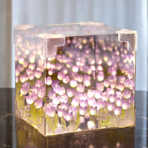 Drawelry Tulip Mirror Night Light, DIY Cube Mirror Lamp, Infinite Tulips lamp, Led Handmade Tulip Table Lamp Decoration Ornaments, Christmas, Birthday Gift for Lovers, Friends, Family (Purple)