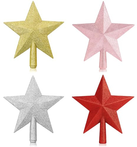 Christbaumspitze, 4 Weihnachtsbaumspitzen Sterne, 15 cm Weihnachtsdeko in Blau, Gold, Silber und Rot, Ideal für Kleine Weihnachtsbäume und Tischdekoration