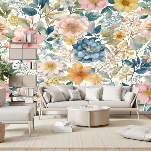 Gaqinhh Fleurs Champêtres Vintage Papier Peint Intissé, Aquarelle Prairie Florale Plantes Tapisserie Murales Papier Peint, Tapisserie Panoramique 3d Cuisine Salle de Bain Chambre Enfant 450 x 315 cm