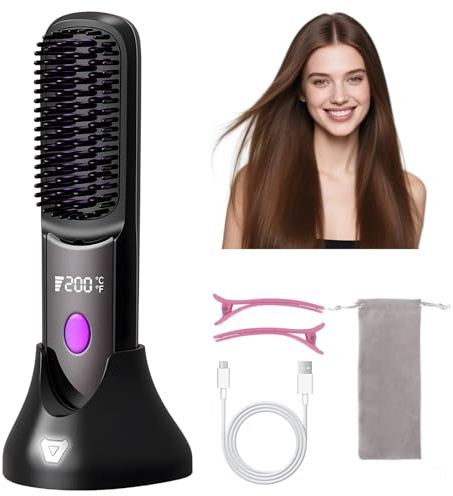Anluomania Brosse Lissante Chauffante, Brosse Lissante Sans Fil, Mini Brosse Chauffante, Fer à lisser Céramique, 160-200℃, USB Rechargeable, Anti-BrûLure, Chauffe Rapide, pour Voyage et Domicile