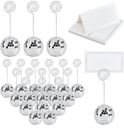 DICOSMETIC 24 Set Disco Ball Tischnummernhalter Disco Ball Kartenhalter Silber Platzkartenhalter Kleine Foto Bildanzeige Mit Spiralkabel Zahlenständer Clips Für Weihnachts Hochzeitsparty Gefallen