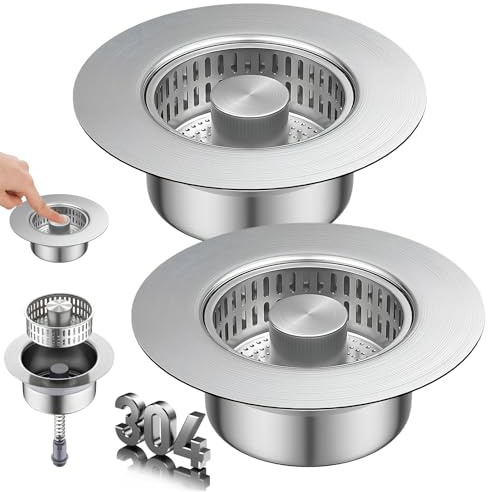 2 Pièces Bouchon Evier Cuisine, Filtre Evier, Bonde D'Évier De Cuisine 3 en 1 - Acier Inoxydable 304, Fonction 3 en 1, 110 X 75 X 65 Mm