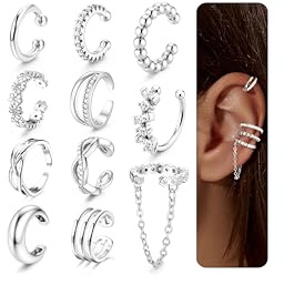 Ear Cuff No Piercing for Women - 11Pcs Silver Clip on Earrings for Non Pierced Ears Adjustable Ear Cuffs No Piercing Fake Earrings Non Tarnish Fake Cartilage Helix Earring Stack Three-layer