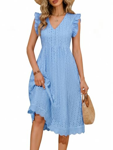PASUDA Vestido Mujer Verano Casual Vestido Largo con Manga Volante Cuello V Elegante Cintura Alta A-Line Vestidos Hueco de Flores Jacquard Sólida Algodón Vestidos de Playa con Bolsillos