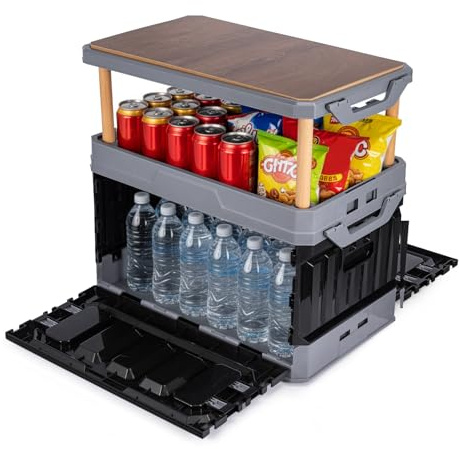 GreenWhim Camping Storage Box Foldable Storage Crate with Table Top Large Kitchen Cupboard, Collapsible Car Trunk Boot Organizer Box 2 in 1 for Garden Party, Picnics, Outdoor Travel Table