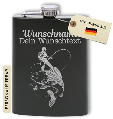 Flanacom Flachmann mit Gravur aus Edelstahl inkl. Trichter 227ml / 8oz Angeln & Fischer Outdoor Alkohol Geschenke für Männer Flachmann Personalisiert mit Wunschgravur (Design 2, 8 Oz Schwarz)