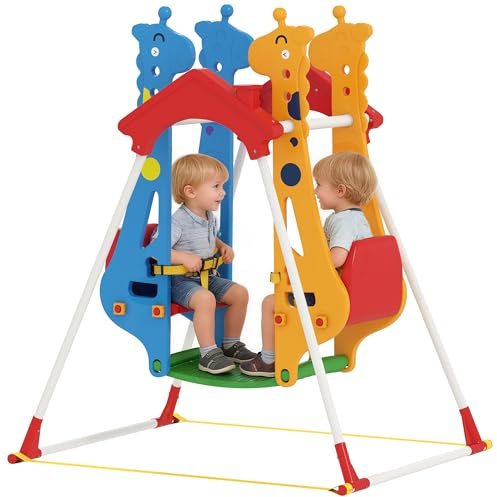 AIYAPLAY Balançoire pour Enfants, Portique Balançoire Enfants 3-5 Ans avec Double Siège Face à Face, Ceintures, Structure en Acier, Charge 30 Kg, pour Salle de Jeu, Chambre, Salon, Multicolore