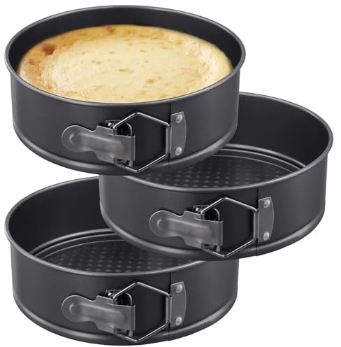 HONYUET 3-teiliges Set Springform 20 cm, Runde Backform Antihaft Carbonstahl Schwarz mit Flachboden und Auslaufschutz, Kuchenform 20 cm für Käsekuchen, Obstkuchen und Torten