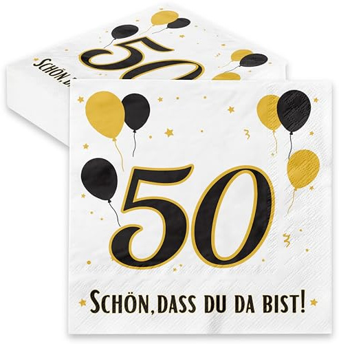 30x Servietten 50. Geburtstag Schwarz Gold – Deko Schön, dass Du da bist – 3-lagig Papierservietten für Mann & Frau, Geburtstagsdeko, Partyzubehör, Jubiläum Tischdekoration