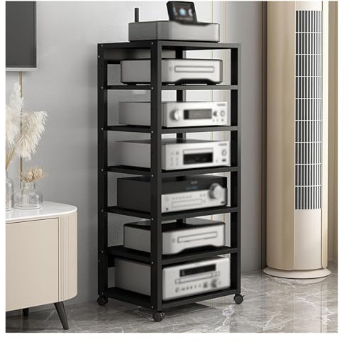 Rack HiFi a 7 livelli, torre audio in legno e acciaio con ripiani regolabili for giradischi e impianti stereo e compatto, 50 x 40 x 131 cm(Nero)