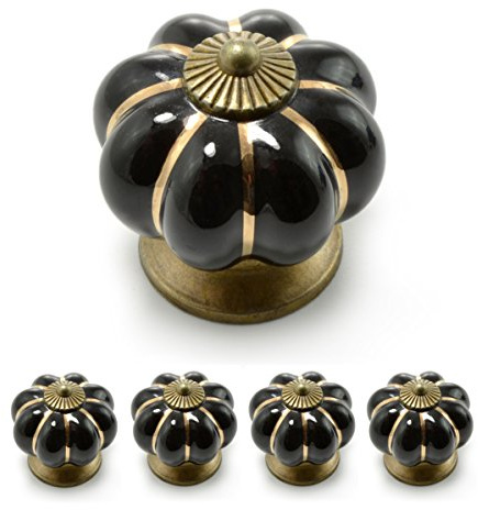 Ganzoo porslinsknopp krona för skåp och lådor, svart med antik bronsdekor, glansig keramik som ger greppvänlig knopp, för byrå, köksskåp och badrumsskåp, 38 mm diameter och 38 mm djup, 4 st